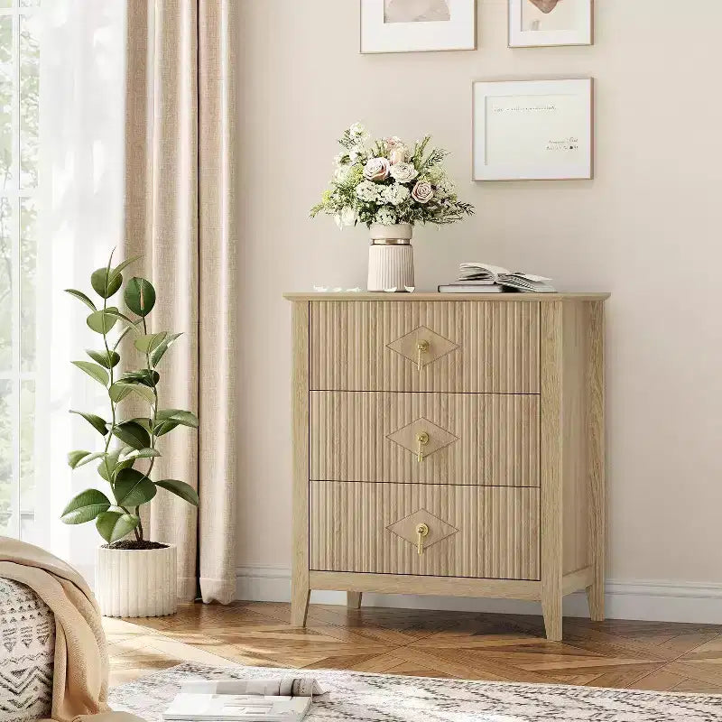 Commode cannelée à 3 tiroirs de 27,6 po, meuble de rangement large pour entrée et chambre
