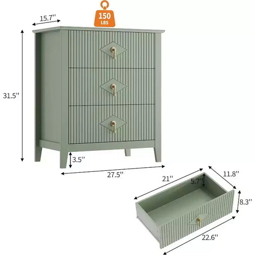 Commode cannelée à 3 tiroirs de 27,6 po, meuble de rangement large pour entrée et chambre