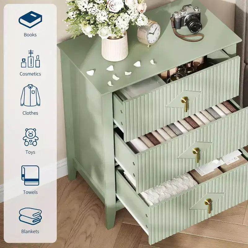 Commode cannelée à 3 tiroirs de 27,6 po, meuble de rangement large pour entrée et chambre