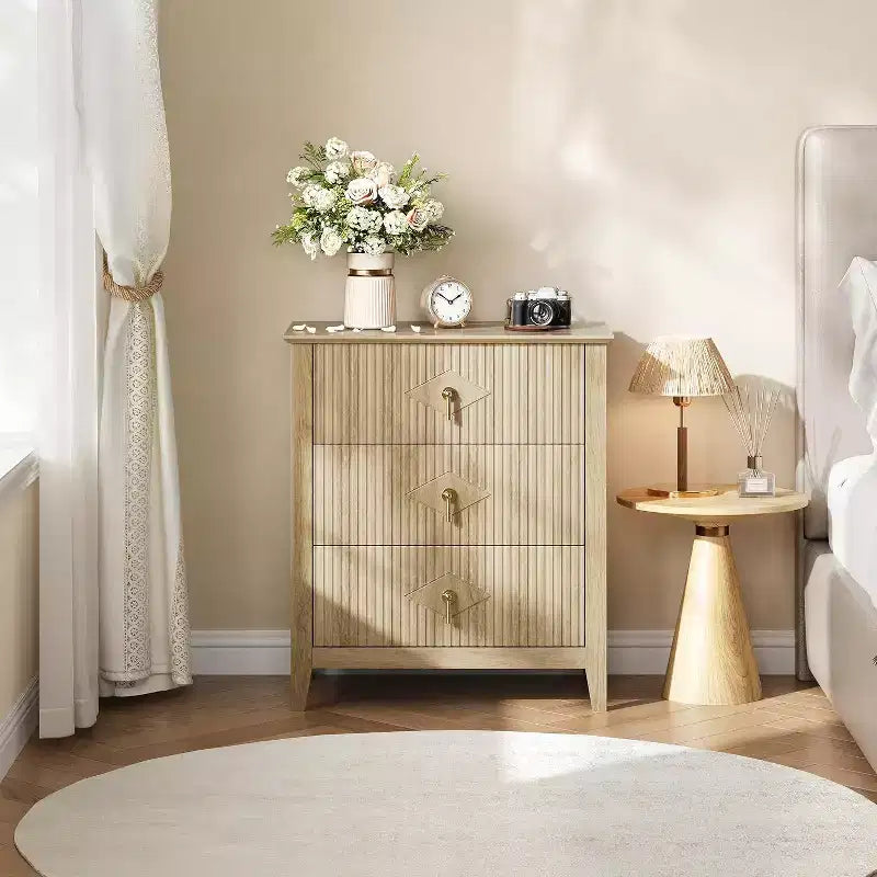 Commode cannelée à 3 tiroirs de 27,6 po, meuble de rangement large pour entrée et chambre