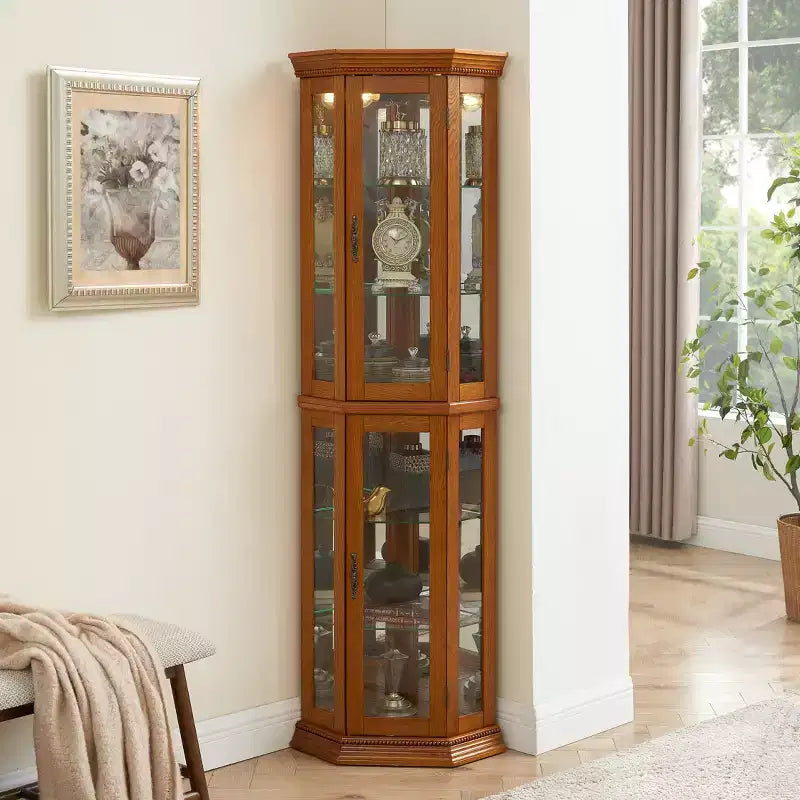 Vitrine d'angle avec portes en verre et étagères réglables en verre trempé, Meuble de présentation pour salon, cuisine