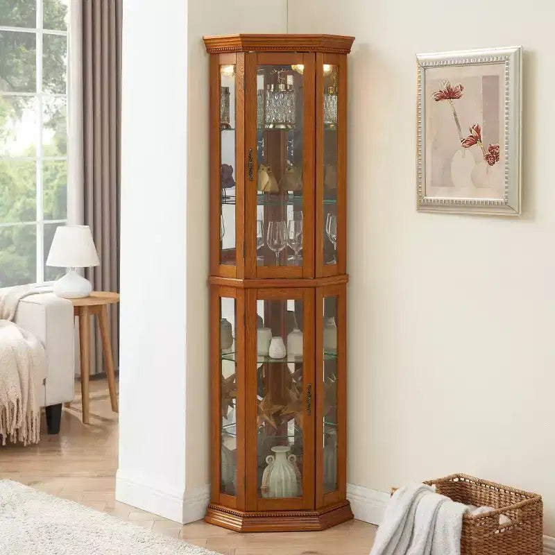 Vitrine d'angle avec portes en verre et étagères réglables en verre trempé, Meuble de présentation pour salon, cuisine