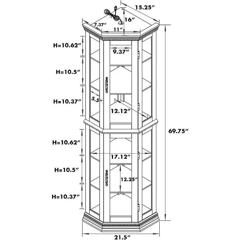 Vitrine d'angle avec portes en verre et étagères réglables en verre trempé, Meuble de présentation pour salon, cuisine