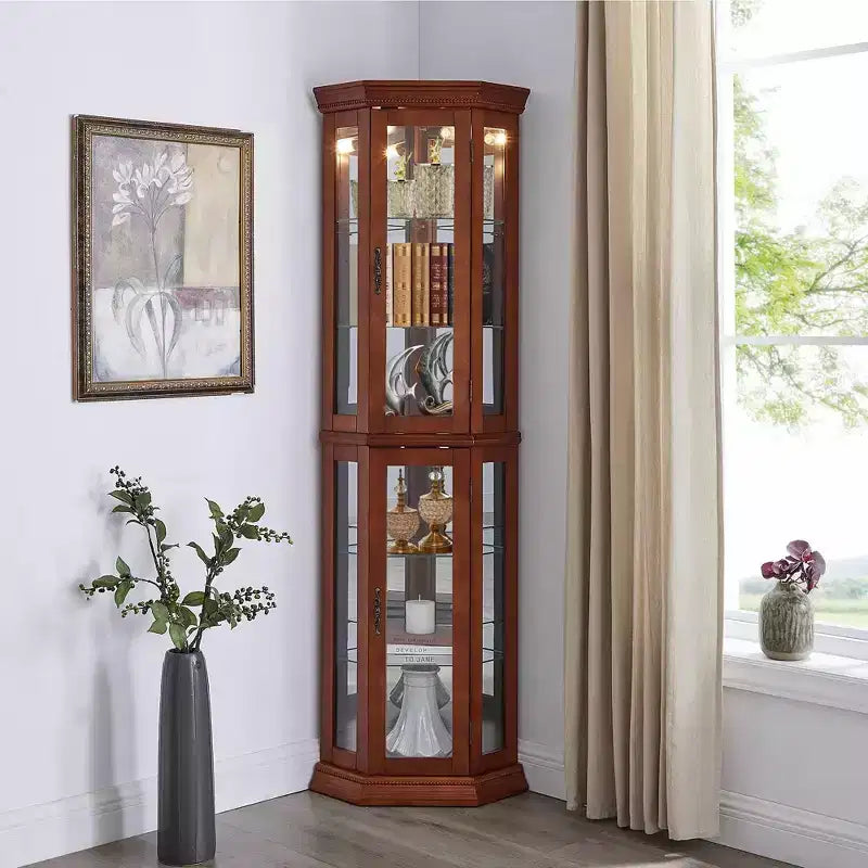 Vitrine d'angle avec portes en verre et étagères réglables en verre trempé, Meuble de présentation pour salon, cuisine