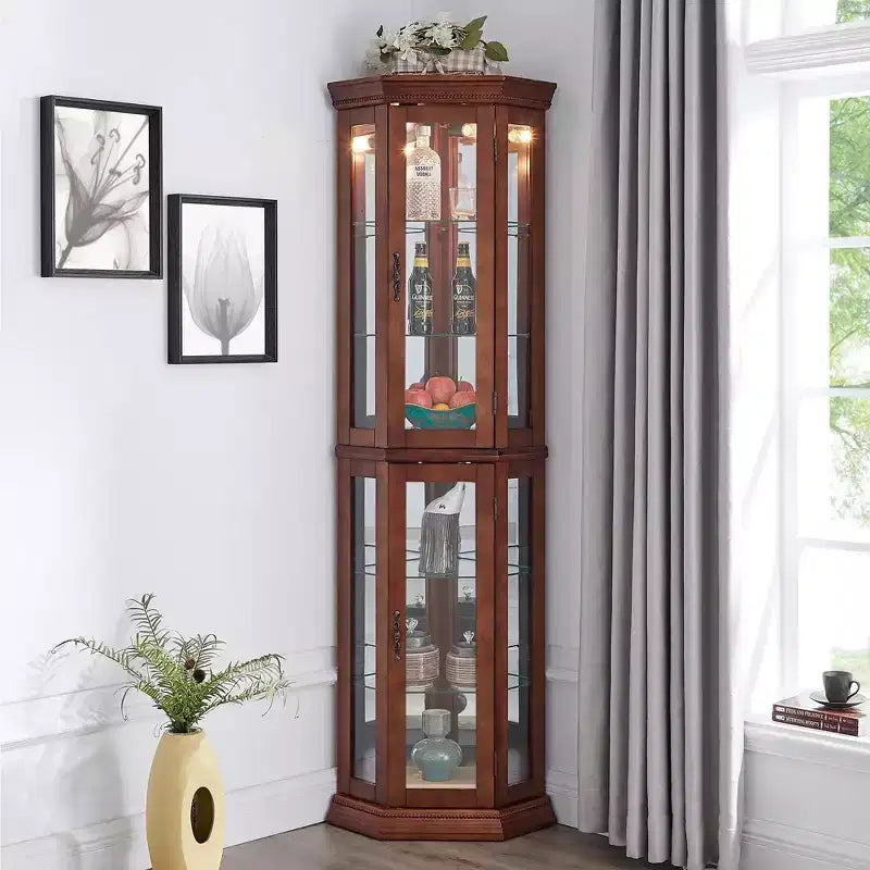 Vitrine d'angle avec portes en verre et étagères réglables en verre trempé, Meuble de présentation pour salon, cuisine