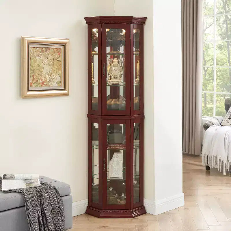 Vitrine d'angle avec portes en verre et étagères réglables en verre trempé, Meuble de présentation pour salon, cuisine