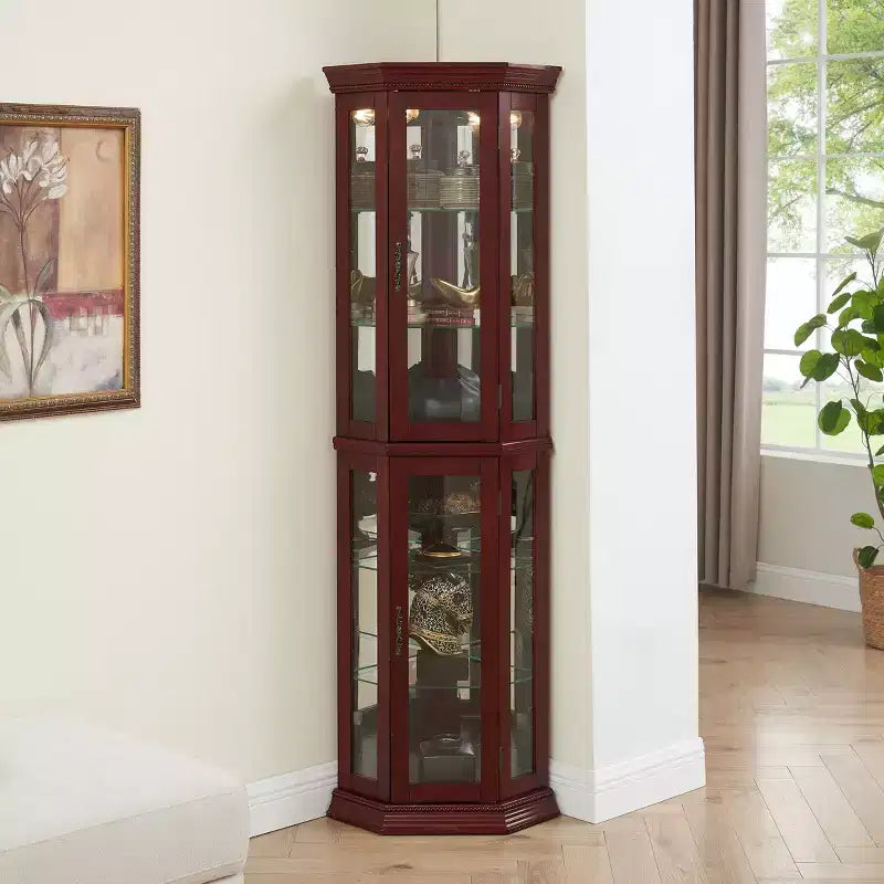 Vitrine d'angle avec portes en verre et étagères réglables en verre trempé, Meuble de présentation pour salon, cuisine