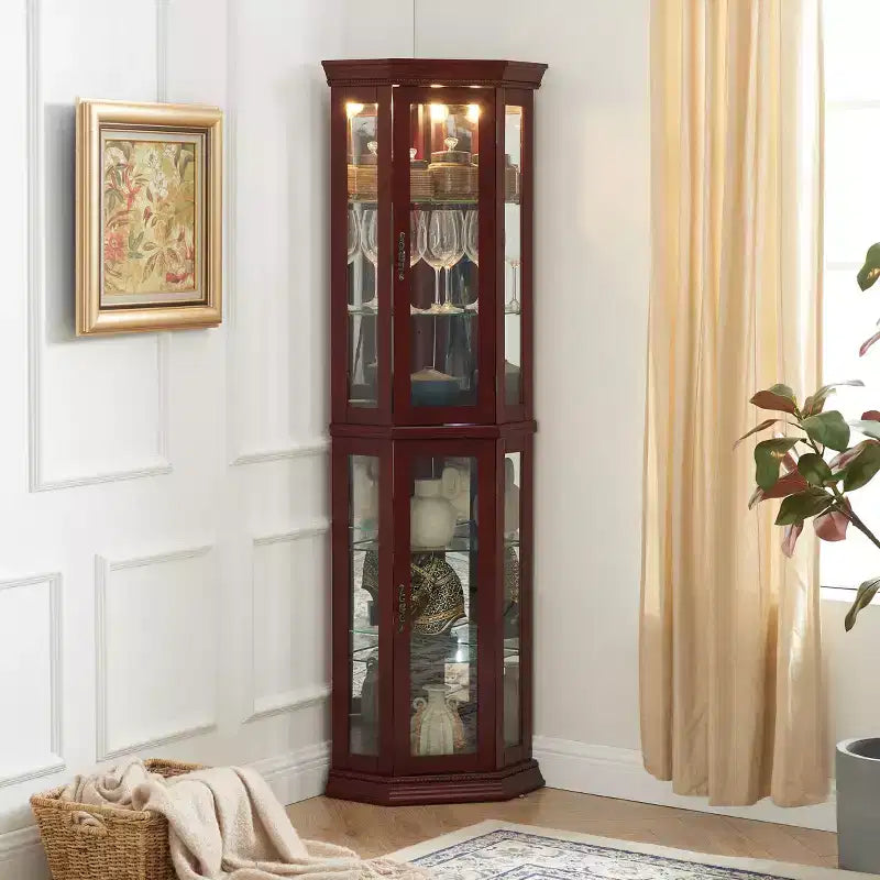 Vitrine d'angle avec portes en verre et étagères réglables en verre trempé, Meuble de présentation pour salon, cuisine