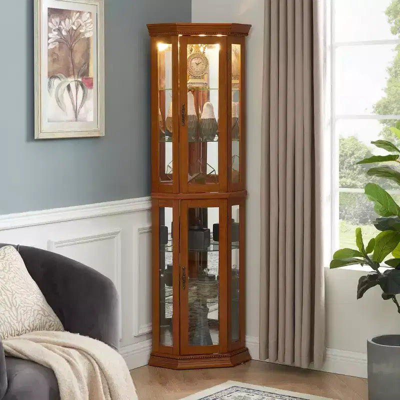 Vitrine d'angle avec portes en verre et étagères réglables en verre trempé, Meuble de présentation pour salon, cuisine