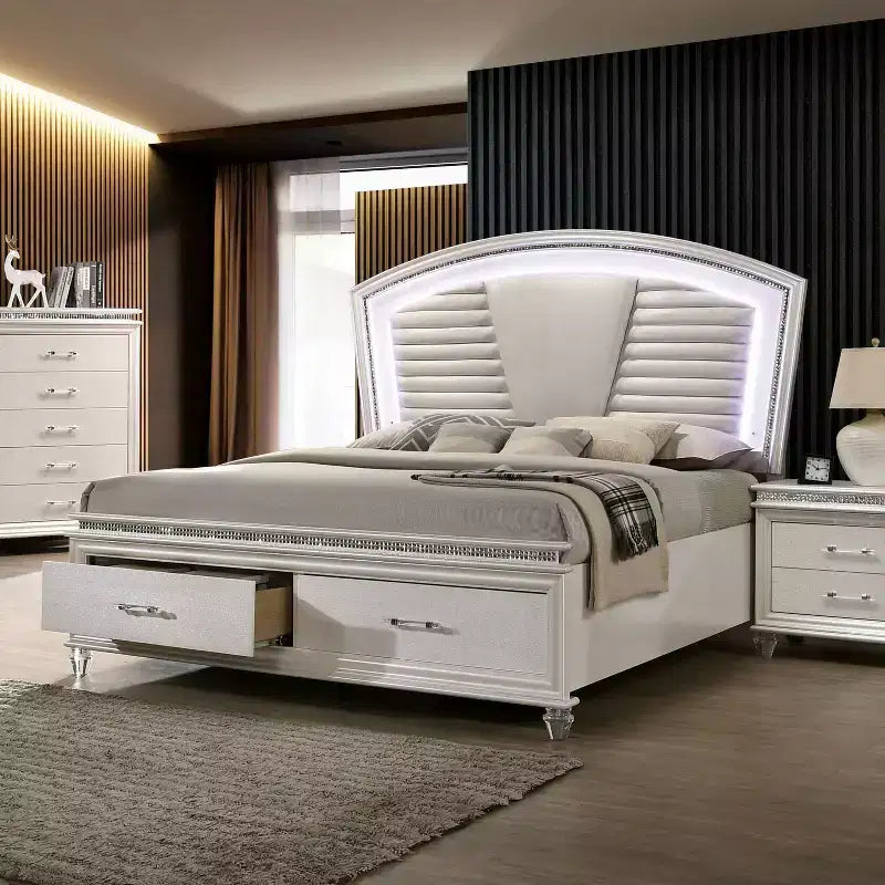 Lit plateforme California King 2 tiroirs blanc : lumière LED, faux cristal, design moderne