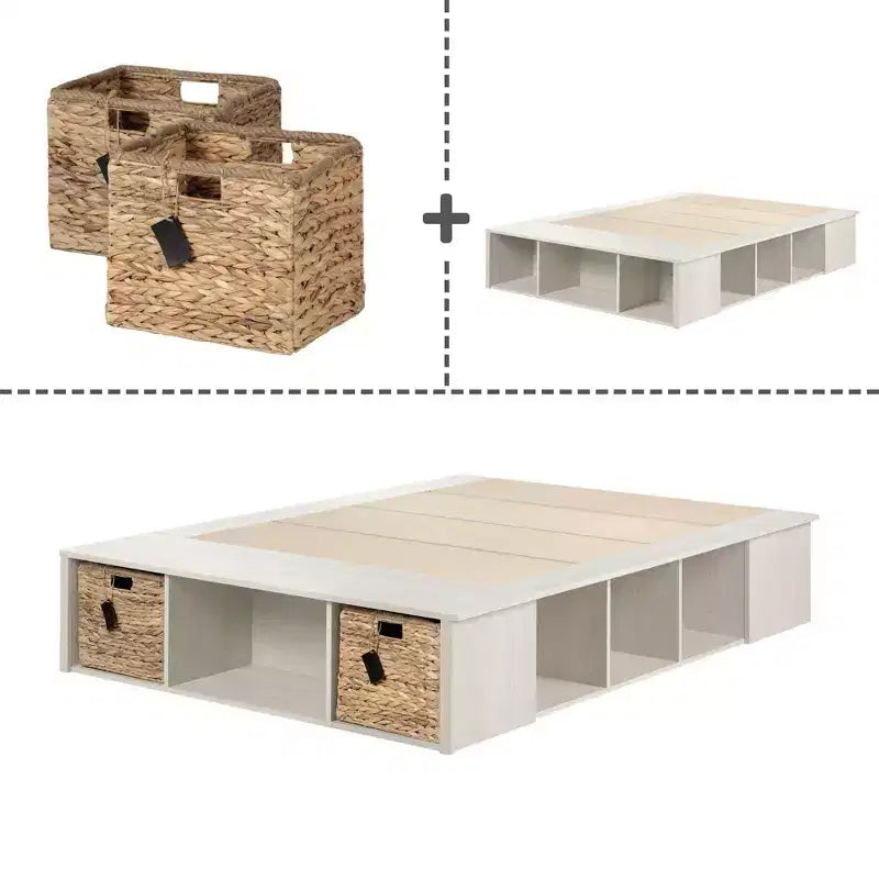Lit de rangement avec paniers Chêne Hiver et Rotin