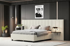 Queen Size Upholstered Platform Bed with Big Headboard, Bedroom Furniture, Velvet, Beige